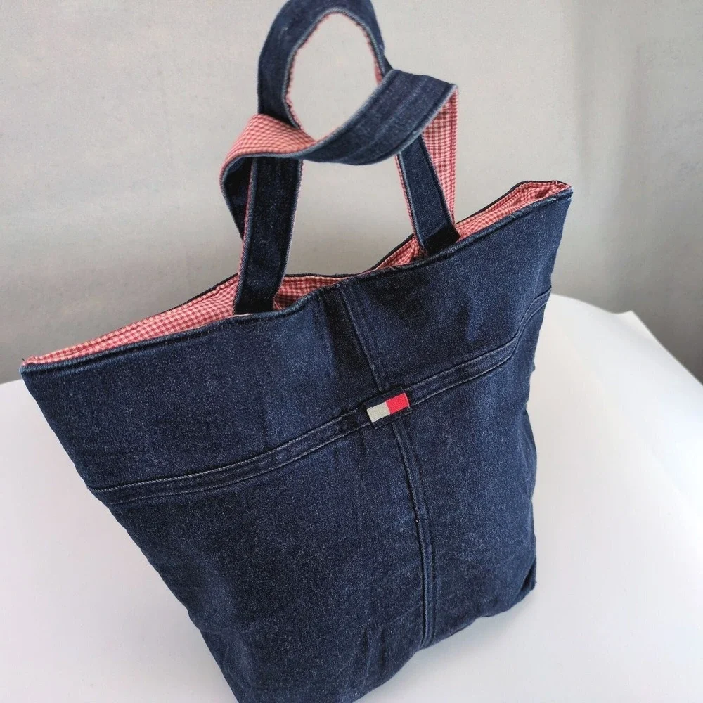 Vintage Y2K Tommy Hilfiger Dark Denim Tote Bag Red Gingham Cotton Lined Purse